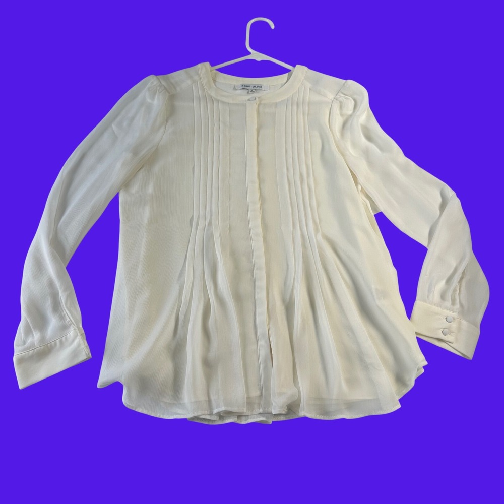 Rose + Olive Ivory Pleated Chiffon Long Sleeve Blouse Small